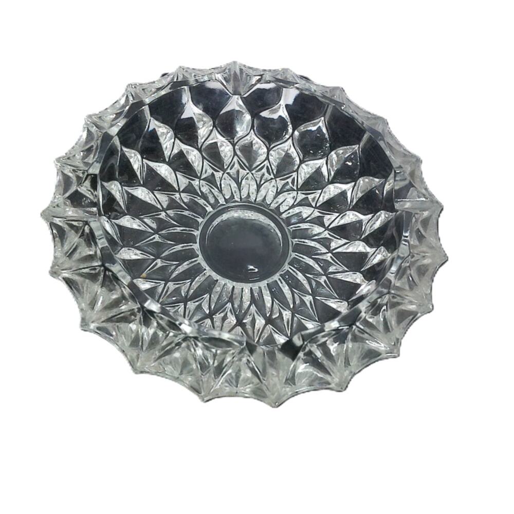 Vintage Round Cut Crystal Glass Ashtray Trinket Dish Heavy Starburst Diamond MCM